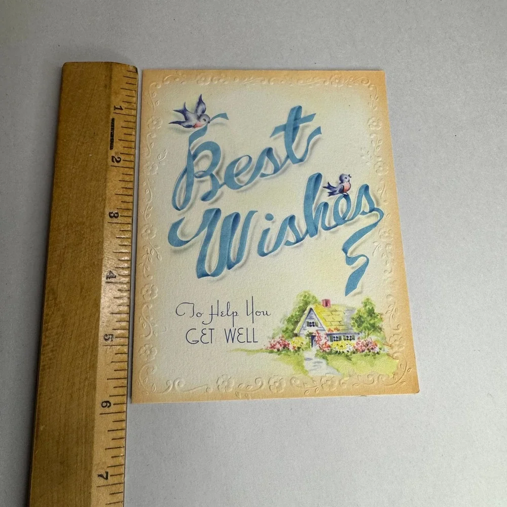 Vintage Get Well Card Best Wishes Blue Birds Cottage Embossed Unused 1950s